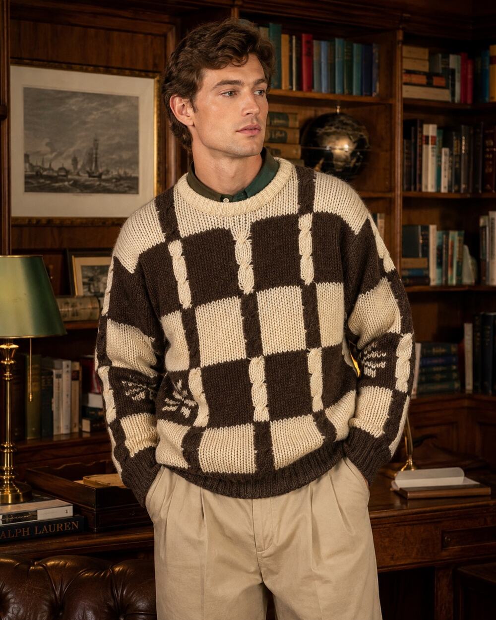 VTG Scottish Shetland Chunky Cable Knit Checkered Wool Sweater Brown Preppy 80s